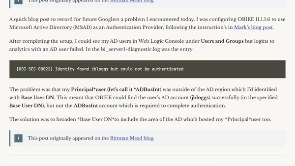 OBIEE / AD integration - [OBI-SEC-00022] Identity found ... but could not be authenticated