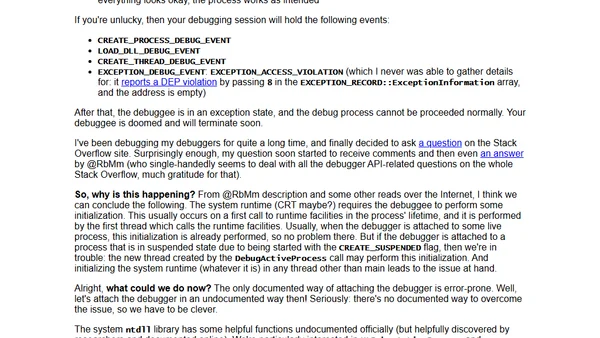 Fixing the EXCEPTION_ACCESS_VIOLATION generated while debugging the suspended processes on Windows