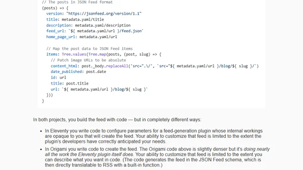 Code is more expressive than configuration: comparing a sample blog in Web Origami and Eleventy