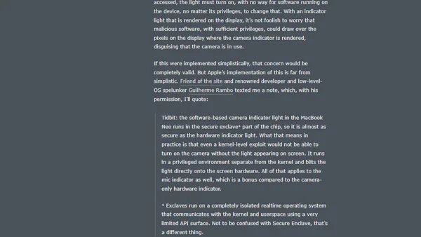 ★ Apple Exclaves and the Secure Design of the MacBook Neo’s On-Screen Camera Indicator