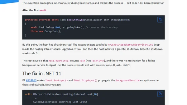BackgroundService exceptions now propagate in .NET 11