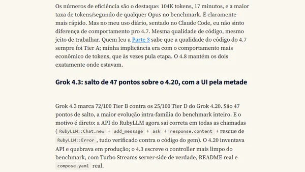 LLM Benchmarks - Atualizando sobre Grok 4.3, MiniMax v3 e Opus 4.8