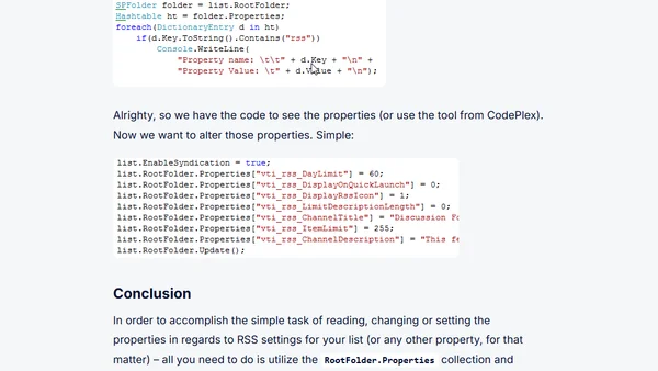 Using the object model to access and change RSS settings on a SharePoint list