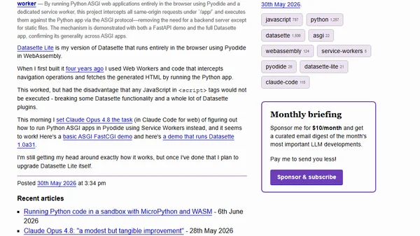 Running Python ASGI apps in the browser via Pyodide + a service worker