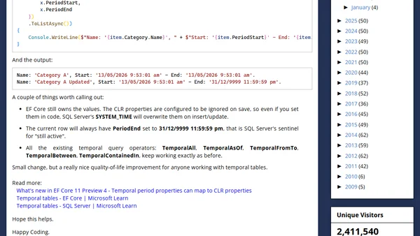 EF Core 11.0: Temporal Period Properties Backed by CLR Properties