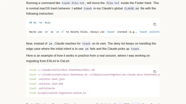 Replacing rm command with trash in Claude Code
