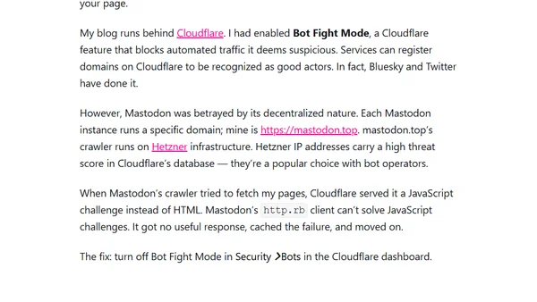 Three Mastodon issues because of Cloudflare Bot protection